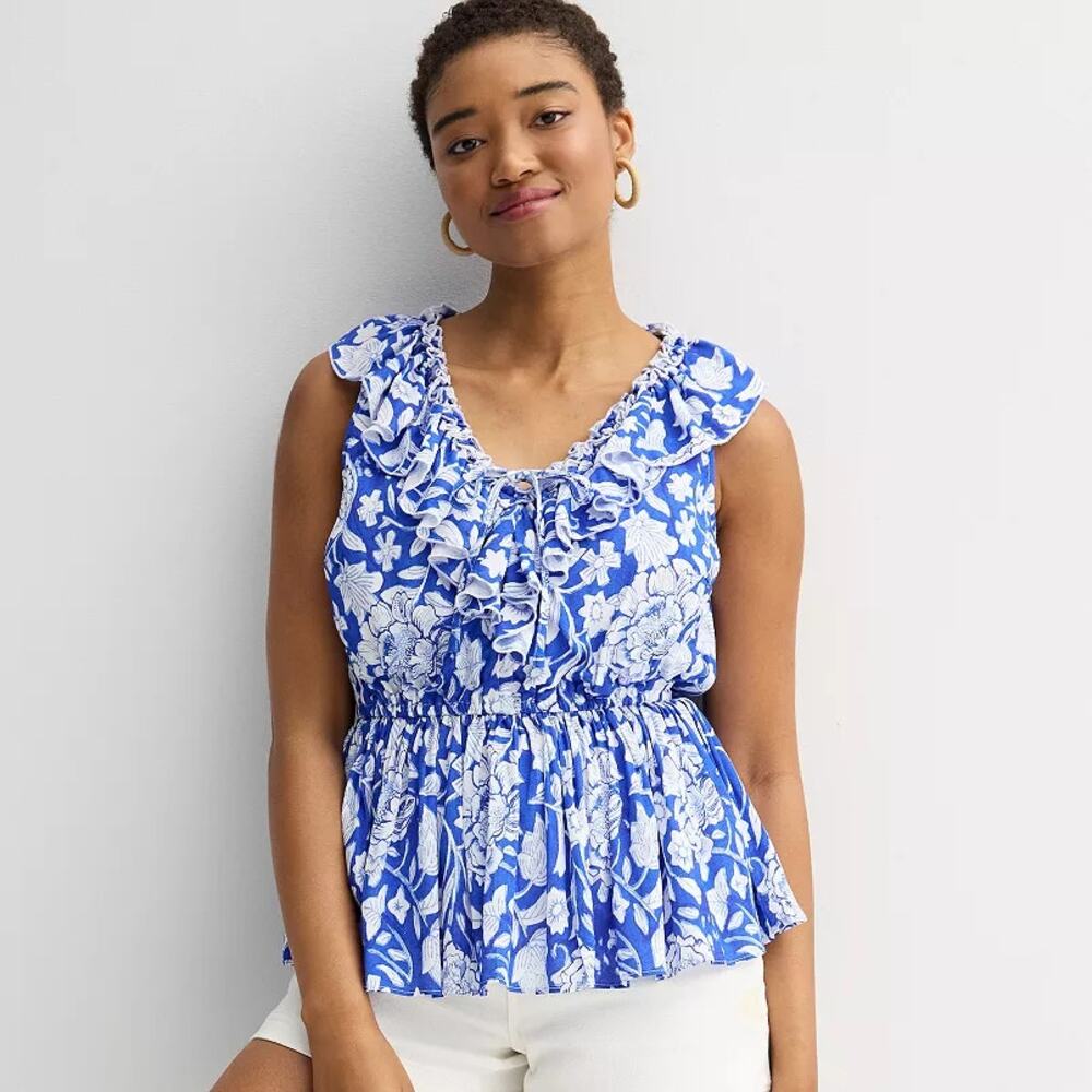 NWT Farmers Market Blue White Floral Ruffled Peplum Top Women's Size Medium